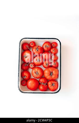 Reife Tomaten in verschiedenen Größen in einer Emaille-Schüssel auf dem Tisch, Draufsicht. Vertikales Foto Stockfoto