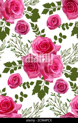 Vektor nahtlose Muster mit Garten Rosen Blumen auf weißem Hintergrund von Hand gezeichnet. Blumenmuster Illustration für Kosmetik, Grußkarte, Hochzeit in Stockfoto