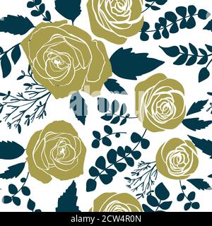 Vektor nahtlose Muster mit Garten Rosen Blumen auf weißem Hintergrund von Hand gezeichnet. Blumenmuster Illustration für Kosmetik, Grußkarte, Hochzeit in Stockfoto