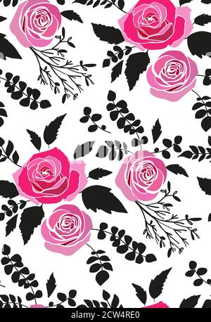 Vektor nahtlose Muster mit Garten Rosen Blumen auf weißem Hintergrund von Hand gezeichnet. Blumenmuster Illustration für Kosmetik, Grußkarte, Hochzeit in Stockfoto