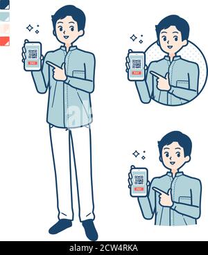 Mann in einem Schirtmit bargeldlosen Zahlung auf Smartphone-Bilder. Es ist Vektorgrafik, so ist es einfach zu bearbeiten. Stock Vektor