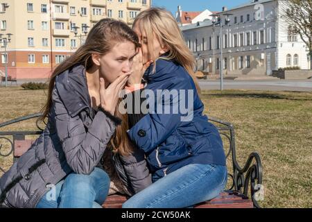 Porträt eines Mädchens, das ihrem staunenden Freund Geheimnisse erzählt Sitzen auf einer Parkbank Stockfoto