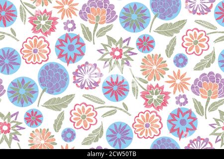 Floral nahtlose Hintergrund Muster mit Mix wilden Blumen und Blätter Linie Kunst. Stickerei Blumen. Vektorgrafik. Textil-Design, Tapete, Karte Stockfoto