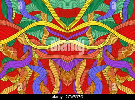 Farbenfrohes abstraktes, symmetrisches Psychedelic-Muster mit filigranen, hellen Linien. Stock Vektor