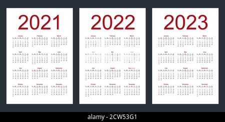 Einfache editierbare Vektorkalender für die Jahre 2021, 2022, 2023. Woche beginnt ab Sonntag. Vertikal. Isolierte Abbildung. Stock Vektor