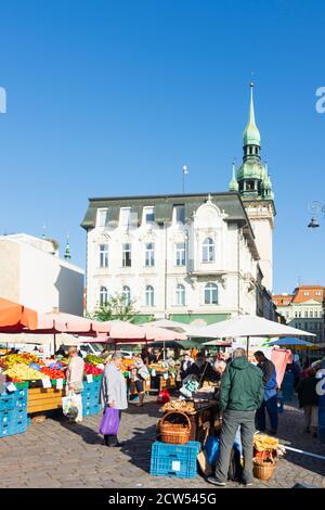 Brno (Brünn): Gemüsemarkt, Altstädter Rathausturm in der Altstadt, Jihomoravsky, Südmähren, Südmähren, Tschechisch Stockfoto