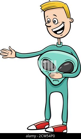 Cartoon Illustration von Kid Boy im Alien Kostüm an Halloween Party oder Masked Ball Stock Vektor