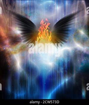 Schwarz geflügelte Wesen aus Feuer Stockfoto