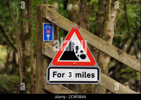 NATIONALE RADROUTE SCHILD MIT FALLENDEN FELSEN ZEICHEN IN SCHOTTLAND IN DER NÄHE VON FORT AUGUSTUS UND INVERNESS, WO MAN RADFAHREN, FITNESS USW. MACHEN KANN VEREINIGTES KÖNIGREICH Stockfoto