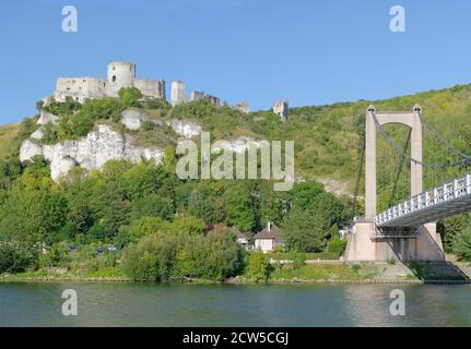 Frankreich, Eure, Les Andelys, die Ruinen der Forteress von Château Gaillard und die seine Stockfoto