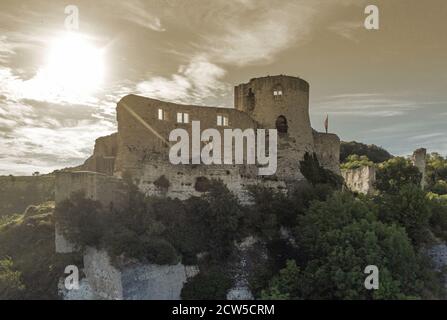 Frankreich, Eure, Les Andelys, die Ruinen der Forteress von Château Gaillard und die seine Stockfoto