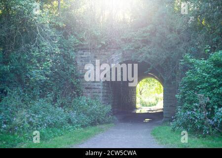 Licht am Ende des Tunnels - Standort des seit langem geschlossenen Molyneux Brow Railway Station, Clifton, England Stockfoto