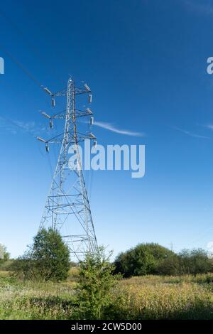 Strompylon mit Netzstromleitungen auf dem Land, England Großbritannien. Platz für Text oder Text, Platz für Text, Illustration, Illustration Stockfoto