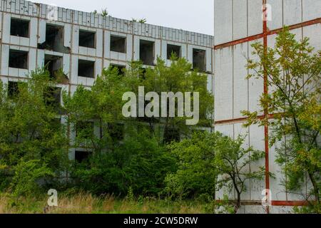 Ein verlassenes mehrstöckiges Gebäude steht inmitten eines grünen Feldes. Stockfoto