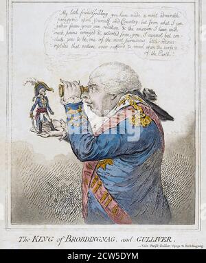 KÖNIG GEORG III. (1738-1820) sieht einen Miniatur-Napoleon in einem James Gillray Karikatur von 1803 mit dem Titel The King of Brobdingnag Und Gulliver Stockfoto