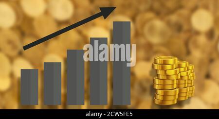 Wachsendes Balkendiagramm mit Pfeil. Goldmünzen Stapel. Unscharfer Hintergrund. 3D-Rendering Stockfoto