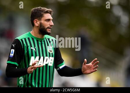 Cesena, Italien. September 2020. CESENA, ITALIEN - 27. September 2020: Domenico Berardi von US Sassuolo Gesten während der Serie A Fußballspiel zwischen Spezia Calcio und US Sassuolo. US Sassuolo gewann 4-1 gegen Spezia Calcio. (Foto von Nicolò Campo/Sipa USA) Quelle: SIPA USA/Alamy Live News Stockfoto