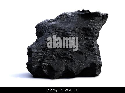 Dunkler und ungewöhnlicher Fels isoliert mit Schatten auf weißem Hintergrund Stockfoto