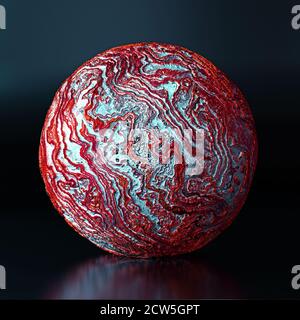 Abstrakte rote Kugel auf Bühnenhintergrund, Kugel mit erodierter Oberfläche Stockfoto