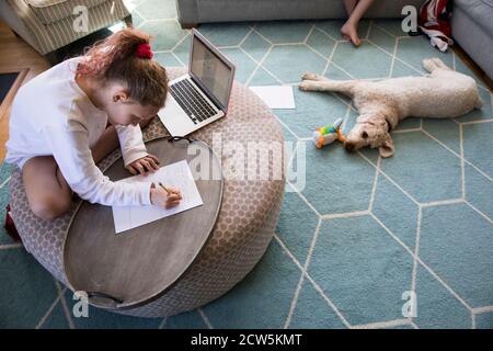 Overhead-Ansicht von jungen Mädchen tun Abstand Lernen auf Laptop Computer Stockfoto