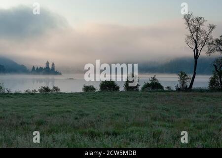 Morgennebel über Loch Achray Stockfoto