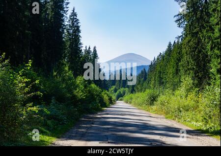 Blick auf den Berg Hoverla von der Straße. Der Gipfel des Berges Hoverla. Karpaten in der Ukraine Stockfoto