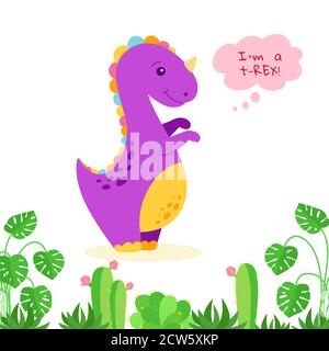 Dinosaurier mit Sprechblase, Cartoon-Stil. Lustige Tyrannosaurus rex mit Pflanzen, Monstera und Kaktus. Bunte niedliche lustige Kinder Illustration. Vektor auf weißem Hintergrund isoliert Stock Vektor