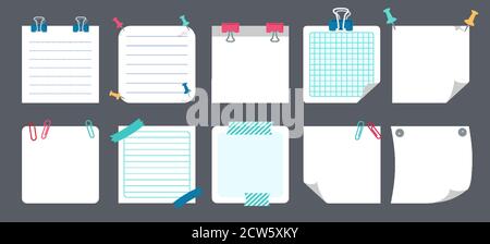 Weißes Papier Haftnotiz-Set. Leere Notizen mit Elementen der Planung. Notebook-Kollektion mit gewellten Ecken, Stecknadeln. Verschiedene Tag Business Office, Schreiben erinnert. Isolierte Vektordarstellung Stock Vektor