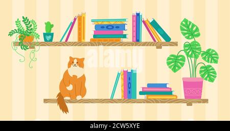 Regal mit Cartoon-Buch, Katze und Heimpflanzen. Bücherregale aus Holz Bibliothek. Flacher Stapel Bücher Sammlung. Wandinterieur-Arbeitszimmer, Schulbücherregal und Bücherregal. Vektorgrafik auf weißem Hintergrund Stock Vektor