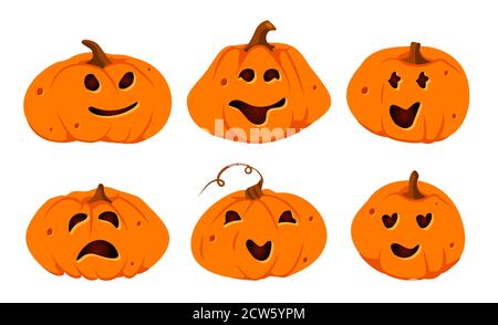 Halloween Kürbisse Papier geschnitten Icon Set. Verschiedene Formen Squash mit geschnitzten niedlichen Gesichtern Emotion. Schild gruselig lustig schneiden Kürbis Lächeln. Dekor für im Oktober Horror Party Einladung Vektor Illustration Stock Vektor