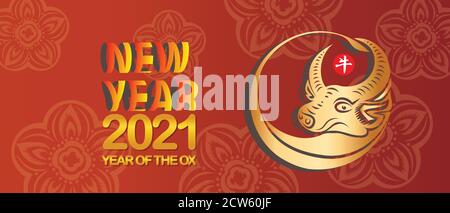 Banner mit einem Ochsen im Stil des Stammes und dem Text des neuen Jahres (Chinesische Übersetzung Happy chinese New year 2021, year of Ox) Stock Vektor