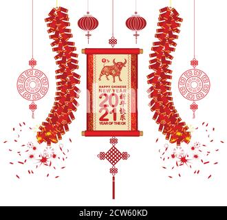 2021 Chinesische Neujahrsgrüßkarte mit Schriftbanner (Chinesische Übersetzung Happy chinese New Year 2021, Year of OX) Stock Vektor