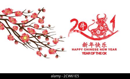 Chinesische Neujahrs Ox Dekoration für Frühlingsfest (Chinesische Übersetzung Happy chinese New year 2021, year of OX) Stock Vektor