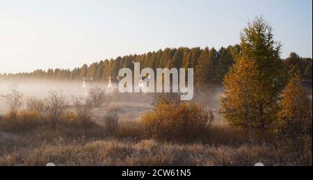 Peking, China. September 2020. Das am 27. September 2020 aufgenommene Foto zeigt die Herbstlandschaft im Saihanba National Forest Park in Chengde, nordchinesische Provinz Hebei. Quelle: Liu Mancang/Xinhua/Alamy Live News Stockfoto