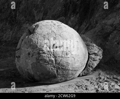 Moeraki Boulder teilweise in der Meereswand begraben, Koekohe Beach, Ostküste von Süd-Isalnd, Neuseeland Stockfoto