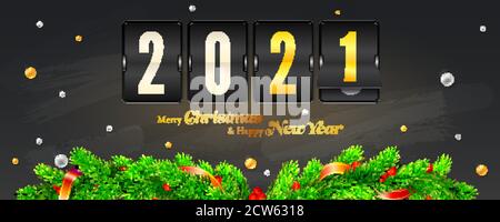 Frohe Weihnachten und Frohes neues Jahr. Retro Anzeigetafel ist Tannenzweigen auf Tafel Hintergrund dekoriert. Vektor-3d-Illustration Stock Vektor