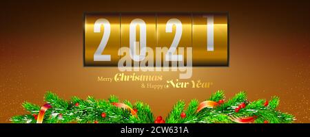 Frohe Weihnachten und Frohes neues Jahr. Das neue 2021 kommt. Die Anzeigetafel ist mit Tannenzweigen geschmückt. New Years Header für Website. Vektor-3d-Illustration Stock Vektor