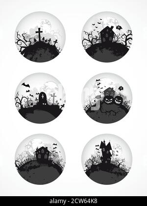 Vektor-Set von runden Halloween-Illustrationen. Runde Symbole. Monochrom. Stock Vektor