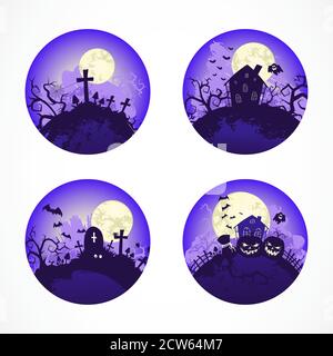 Vektor-Set von runden Halloween-Illustrationen. Runde Symbole. Farbig. Stock Vektor