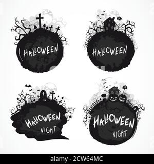 Vector Set Grunge Halloween Illustrationen mit Gräbern, Häusern und handgezeichneten Schriftzügen. Monochrom. Stock Vektor