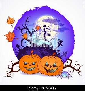 Halloween Vektor-Illustration mit Kürbissen Köpfe und Spinne auf dem Nachthimmel Hintergrund des Vollmondes, Haken und Gräber mit Kreuzen. Stock Vektor
