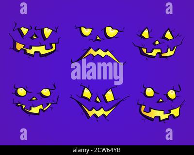 Vektor-Set von Halloween Kürbisse Gesichter mit verschiedenen Emotionen auf violettem Hintergrund. Isoliert. Stock Vektor