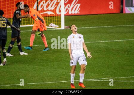 Chester, Pennsylvania, USA. September 2020. 27. September 2020 - USA - Ben SWEAT (22) von Inter Miami reagiert auf das Verfehlen eines Tores gegen die Union im Subaru Stadium in Chester PA Credit: Ricky Fitchett/ZUMA Wire/Alamy Live News Stockfoto