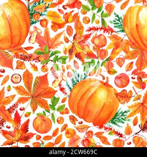 Herbst Ernte nahtlose Muster. Aquarell-Wiederholungsdruck mit Herbstblättern und Lebensmitteln, auf weißem Hintergrund Stockfoto