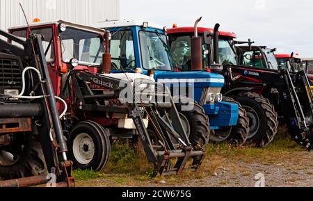 Umea, Norrland Schweden - 2. August 2020: Mehrere verschiedene landwirtschaftliche Traktoren stehen in einer Reihe Stockfoto