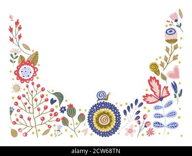 Kunstvolle Darstellung von Blättern, Pflanzen, Ästen und Blumen mit weißem Hintergrund. Handgezeichnete Grenze für Karten, Einladungen, Logo, Gruß, Hochzeit einladen Vorlage Illustration. Vektorrahmen. Stock Vektor