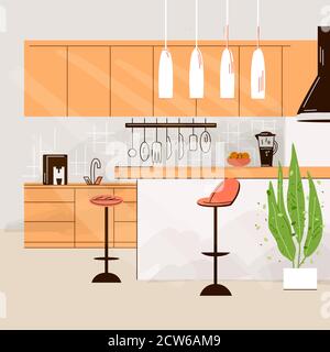 Vektor-flache Illustration der modernen Küche Interieur leer No People House Zimmer mit Küchenmöbeln, Tisch, Stühlen und Esstisch. Stock Vektor