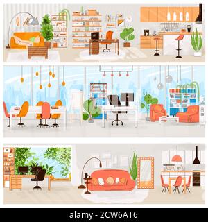 Vector Wohnung Set von Haus-und Büroeinrichtung - Wohnzimmer, Küche, Büro Arbeitsplatz, bequemes Sofa, TV, Fenster, Stuhl und Haus Pflanzen Stock Vektor