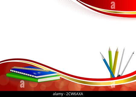 Hintergrund abstrakt Schule grün Buch blau Notizbuch Lineal Stift Bleistift Clip Kompasse rot gelb Gold Band Rahmen Illustration Vektor Stock Vektor