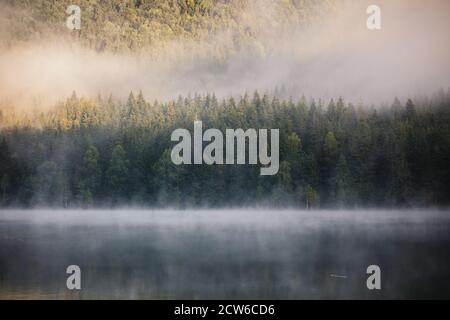 Landschaftlich reizvolle Landschaft. Nebliger See mit buntem Himmel. Wildniswald. Schönheit in der Welt. Erstaunliche Naturlandschaft. Sfanta Ana, Rumänien, Siebenbürgen. Stockfoto